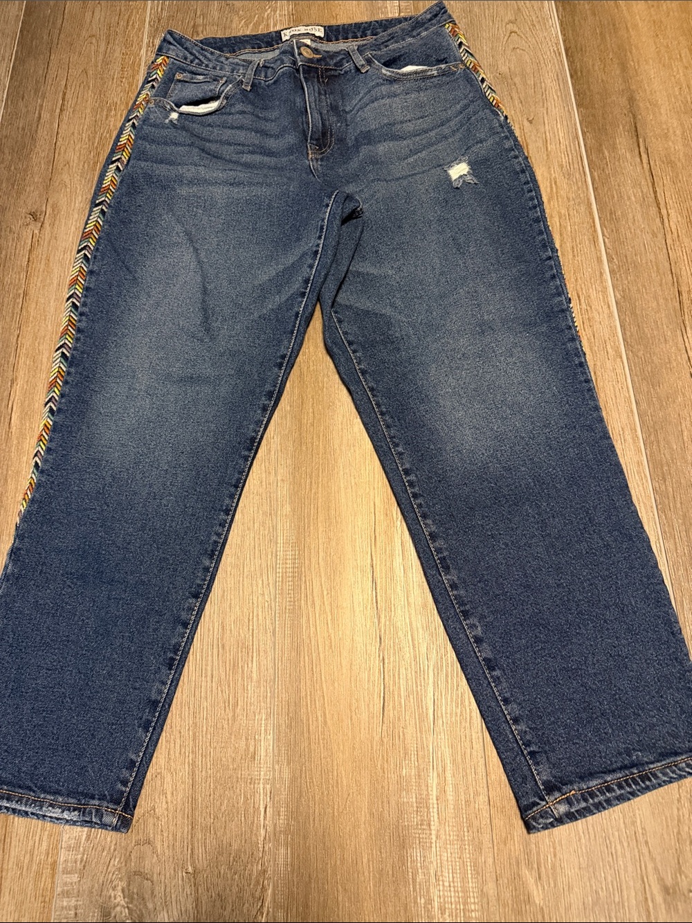 Knox Rose Dark Blue Ankle Jeans with Multicolor Side Trim